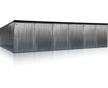 Garaż blaszany trzystanowiskowy 9x5m - Dach jednospadowy, Brama dwuskrzydłowa, Ocynk