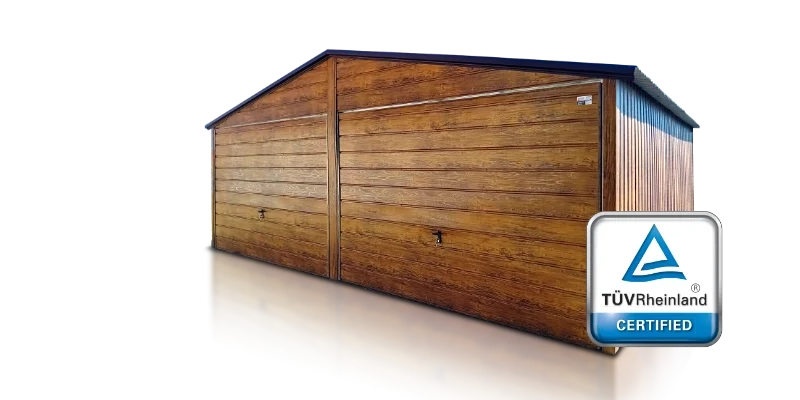 Garaż blaszany drewnopododny podwójny potwierdzony certyfikatem jakości TÜV Rheinland Garaż blaszany drewnopododny podwójny potwierdzony certyfikatem jakości TÜV Rheinland