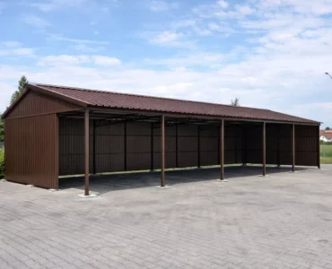 Wiata stalowa 30x8 m Dach dwuspadowy Ciemny brąz